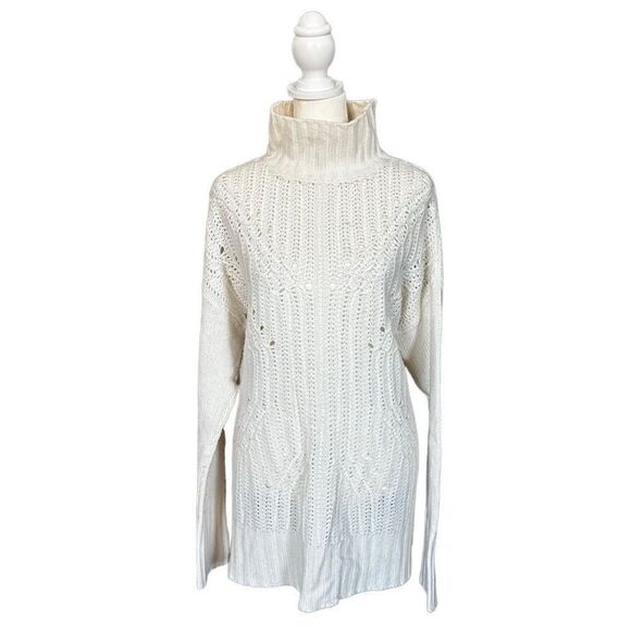 BCBGMaxAzria Gardenia Cream Sequin Merino Wool Mock Neck Tunic Sweater Sz Small - Picture 1 of 15